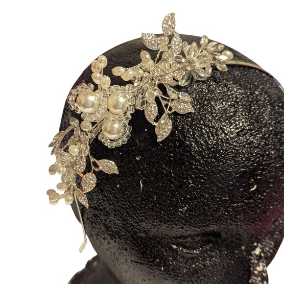Pearl Rhinestone Headband Tiara Side View Silver Tone Bridal Event Ball Boho - Picture 2 of 6